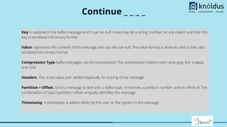 Continue _ _ _ _
Key is optional in the Kafka message and it can be null. A key may be a string, number, or any object and then the
key is serialized into binary format.
Value represents the content of the message and can also be null. The value format is arbitrary and is then also
serialized into binary format.
Compression Type Kafka messages can be compressed. The compression Options are none, gzip, lz4, snappy,
and zstd
Headers. This is key value pair added especially for tracing of the message.
Partition + Oﬀset. Once a message is sent into a Kafka topic, it receives a partition number and an oﬀset id. The
combination of topic+partition+oﬀset uniquely identiﬁes the message
Timestamp. A timestamp is added either by the user or the system in the message.
 