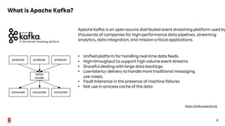 2
What is Apache Kafka?
Apache Kafka is an open-source distributed event streaming platform used by
thousands of companies...