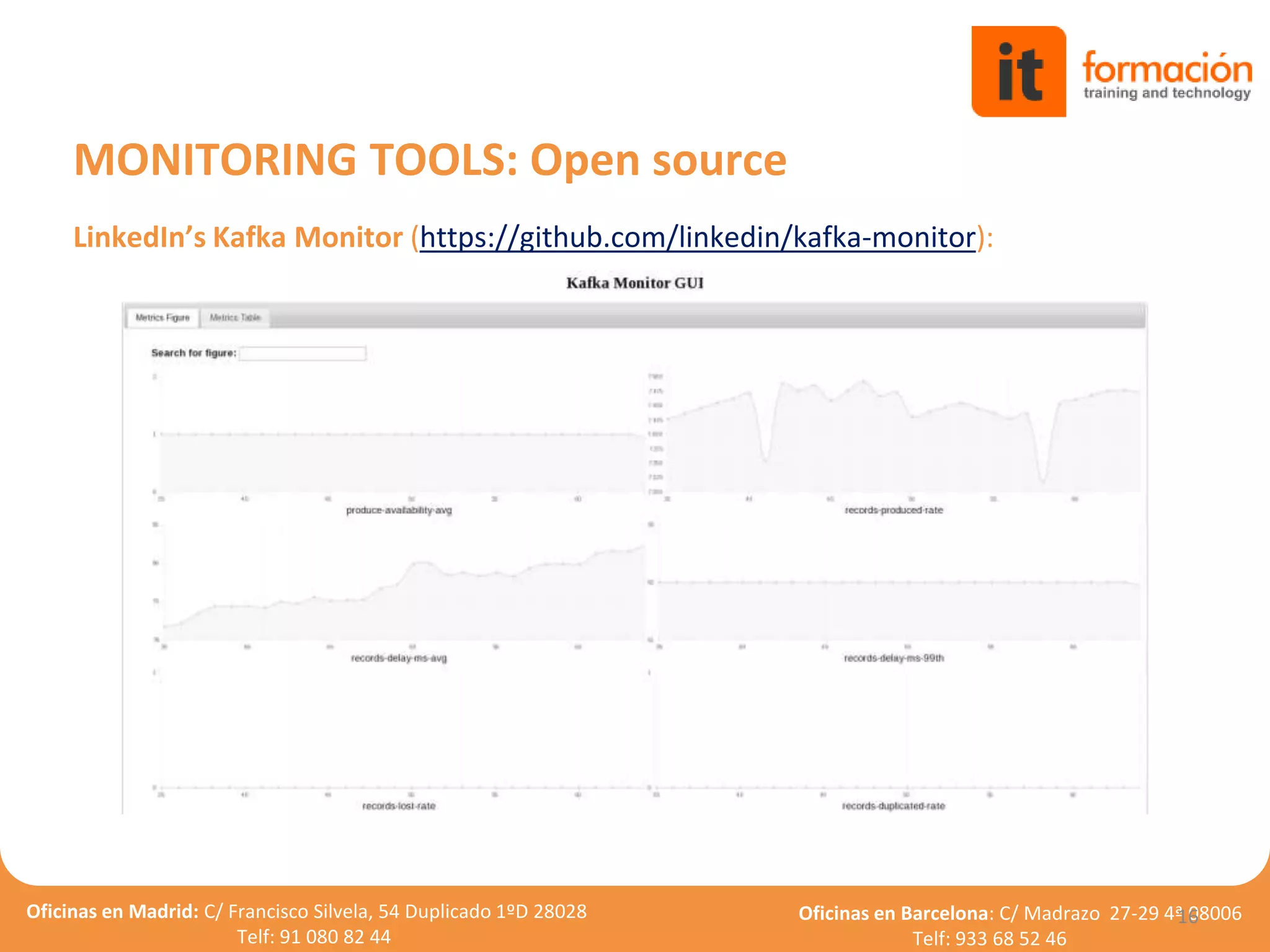 Oficinas en Madrid: C/ Francisco Silvela, 54 Duplicado 1ºD 28028
Telf: 91 080 82 44
Oficinas en Barcelona: C/ Madrazo 27-29 4ª 08006
Telf: 933 68 52 46
LinkedIn’s Kafka Monitor (https://github.com/linkedin/kafka-monitor):
16
MONITORING TOOLS: Open source
 