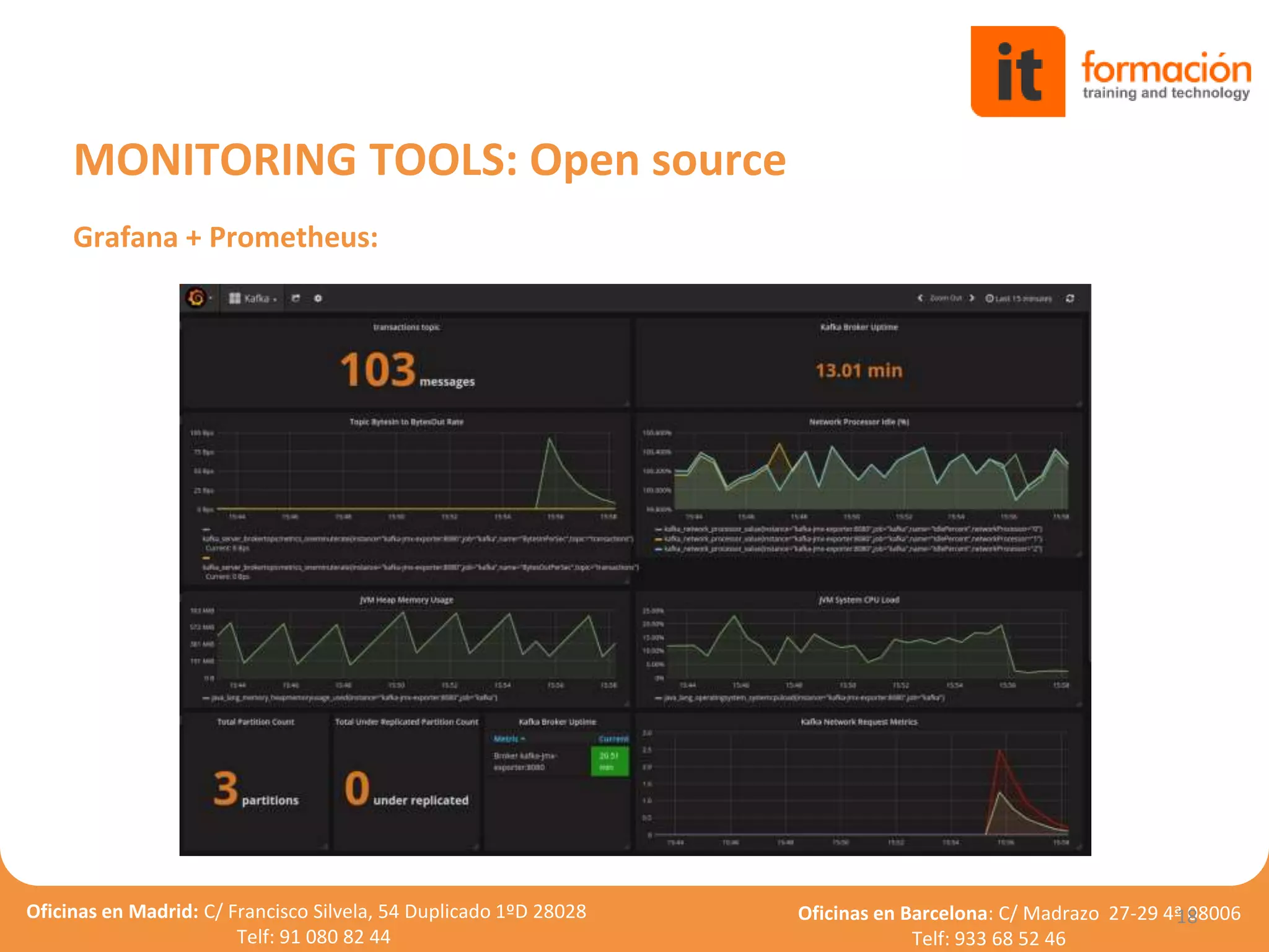 Oficinas en Madrid: C/ Francisco Silvela, 54 Duplicado 1ºD 28028
Telf: 91 080 82 44
Oficinas en Barcelona: C/ Madrazo 27-29 4ª 08006
Telf: 933 68 52 46
Grafana + Prometheus:
18
MONITORING TOOLS: Open source
 