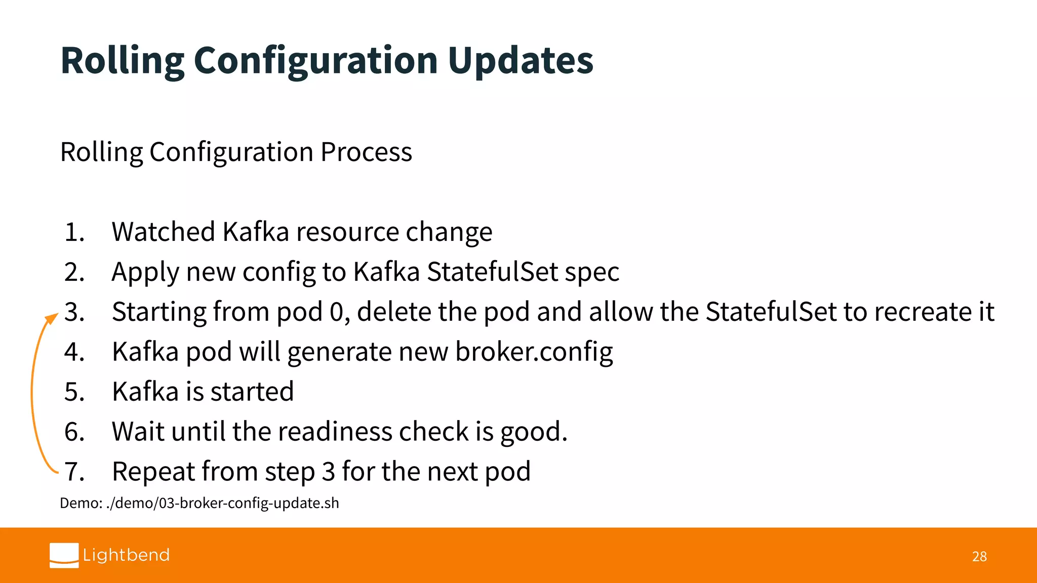 Rolling Configuration Updates Rolling Configuration Process 1. Watched Kafka resource change 2. Apply new config to Kafka StatefulSet spec 3. Starting from pod 0, delete the pod and allow the StatefulSet to recreate it 4. Kafka pod will generate new broker.config 5. Kafka is started 6. Wait until the readiness check is good. 7. Repeat from step 3 for the next pod Demo: ./demo/03-broker-config-update.sh 28 
