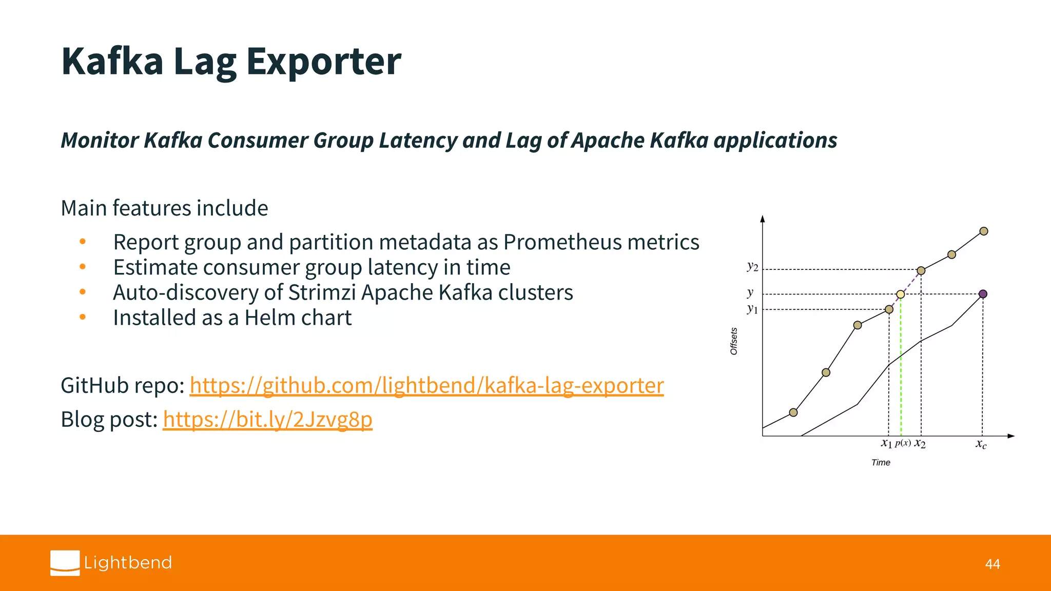 Kafka Lag Exporter Monitor Kafka Consumer Group Latency and Lag of Apache Kafka applications Main features include • Report group and partition metadata as Prometheus metrics • Estimate consumer group latency in time • Auto-discovery of Strimzi Apache Kafka clusters • Installed as a Helm chart GitHub repo: https://github.com/lightbend/kafka-lag-exporter Blog post: https://bit.ly/2Jzvg8p 44 