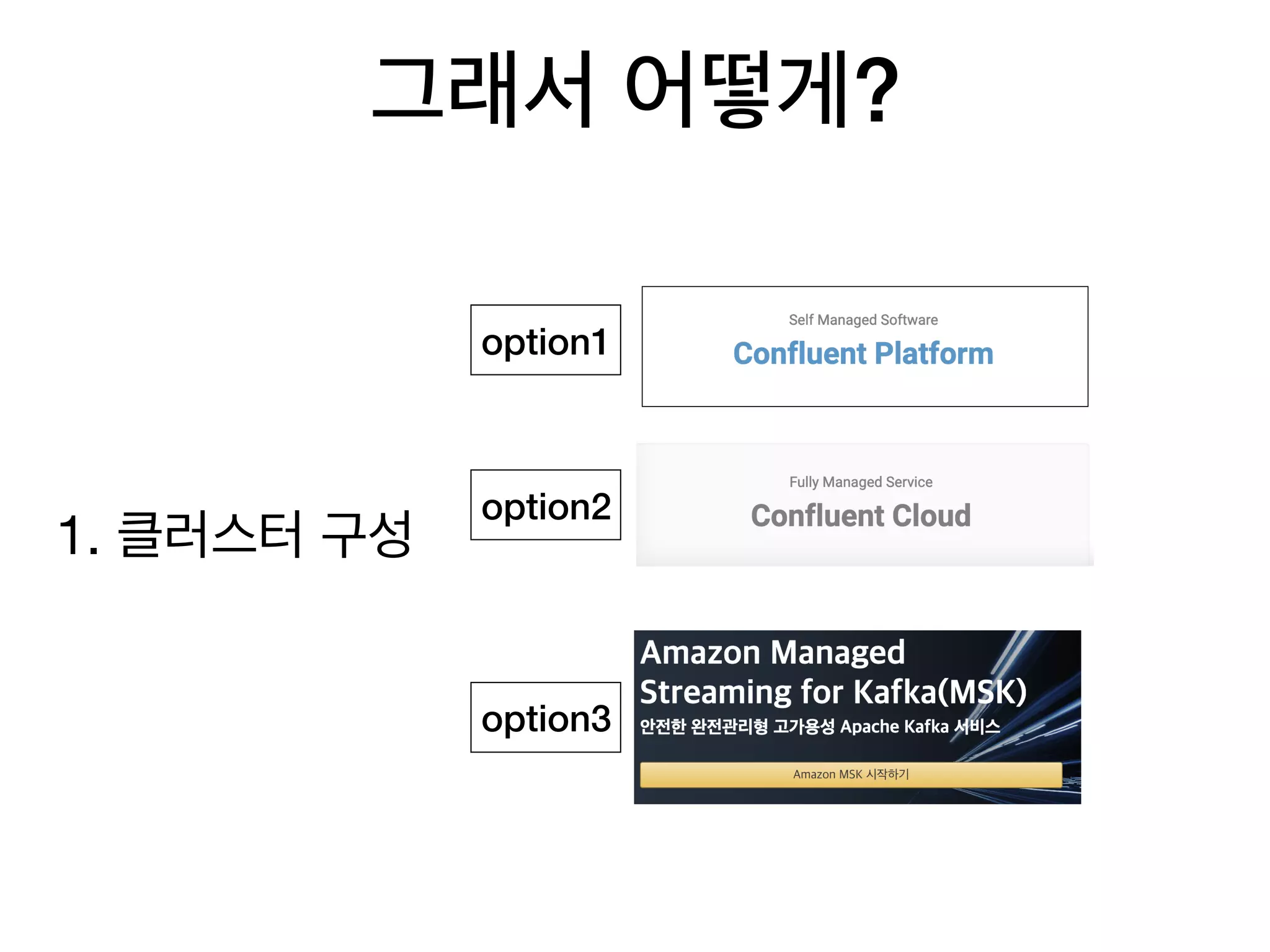 그래서 어떻게?
1. 클러스터 구성
option1
option2
option3
 