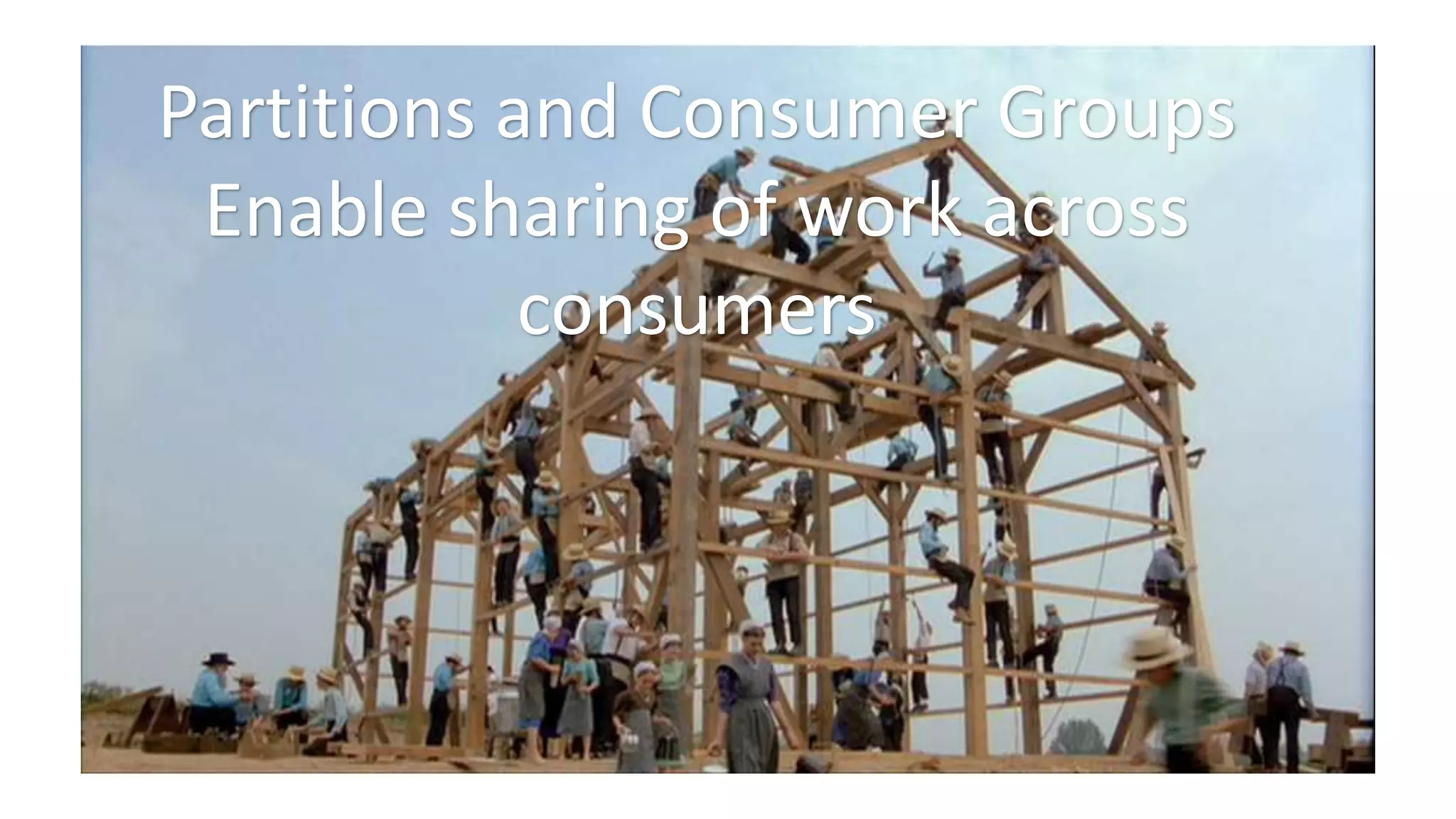 Partitions and Consumer Groups
Enable sharing of work across
consumers
 