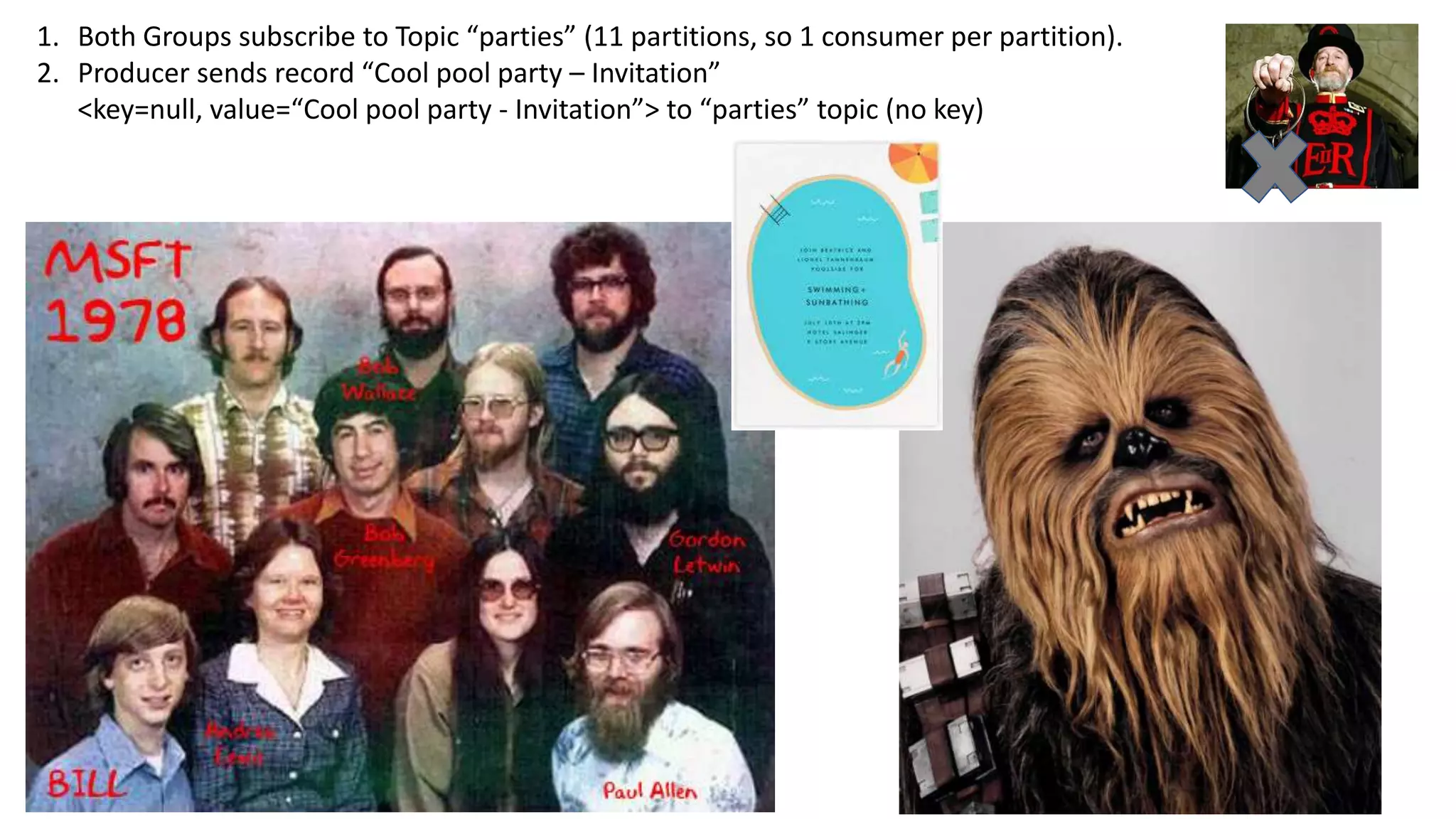 1. Both Groups subscribe to Topic “parties” (11 partitions, so 1 consumer per partition).
2. Producer sends record “Cool pool party – Invitation”
<key=null, value=“Cool pool party - Invitation”> to “parties” topic (no key)
 