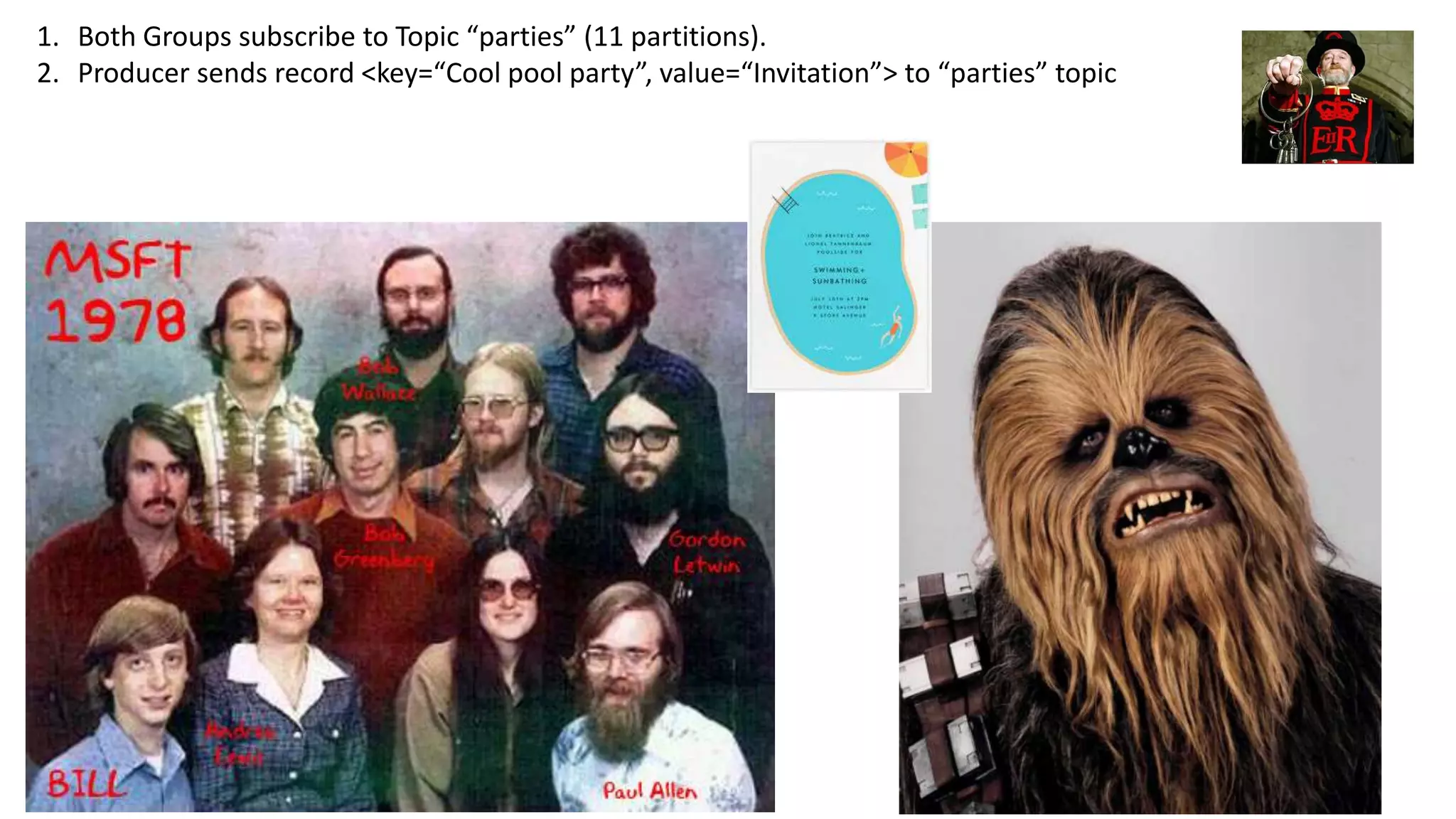 1. Both Groups subscribe to Topic “parties” (11 partitions).
2. Producer sends record <key=“Cool pool party”, value=“Invitation”> to “parties” topic
 