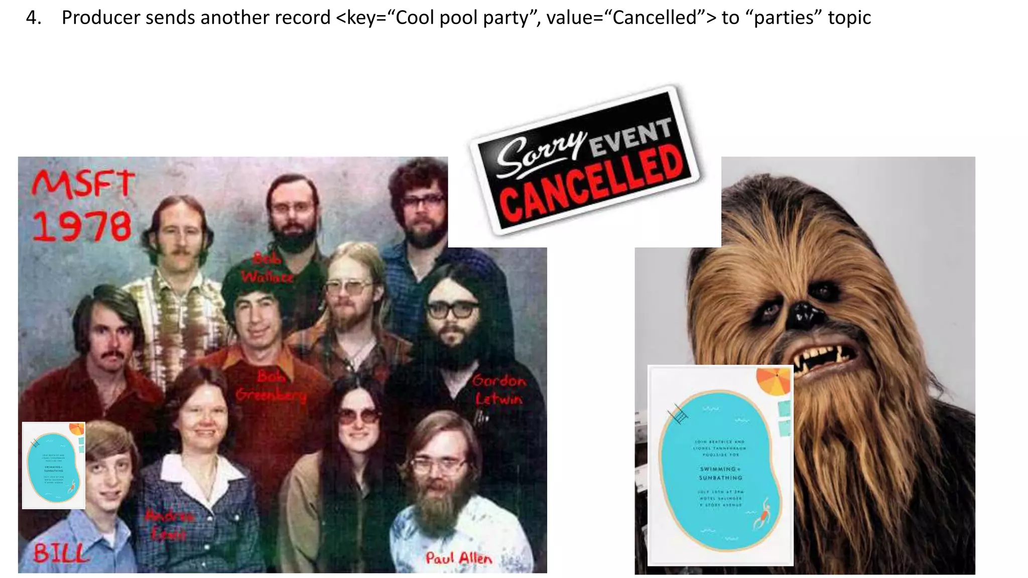4. Producer sends another record <key=“Cool pool party”, value=“Cancelled”> to “parties” topic
 