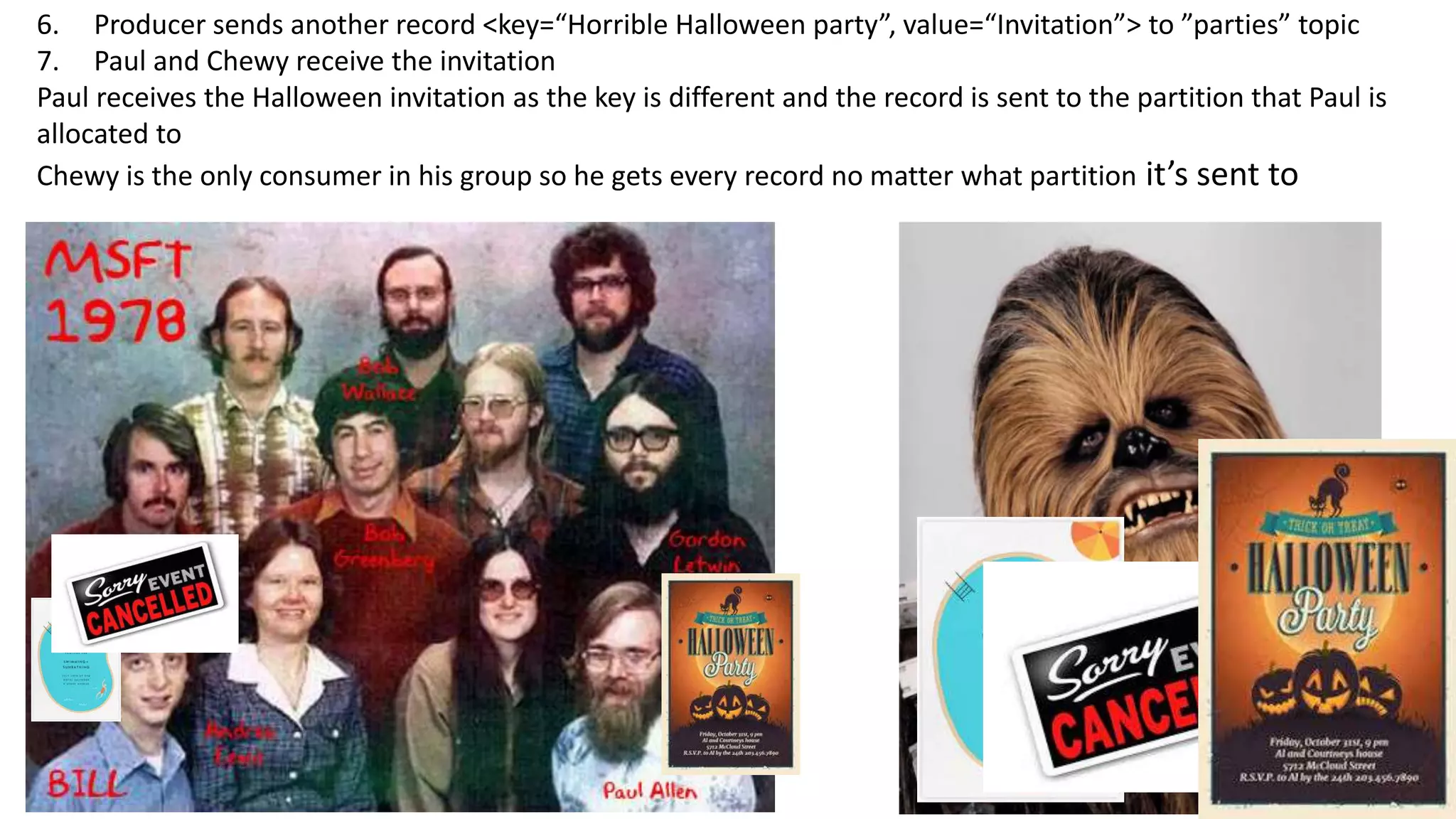 6. Producer sends another record <key=“Horrible Halloween party”, value=“Invitation”> to ”parties” topic
7. Paul and Chewy receive the invitation
Paul receives the Halloween invitation as the key is different and the record is sent to the partition that Paul is
allocated to
Chewy is the only consumer in his group so he gets every record no matter what partition it’s sent to
 