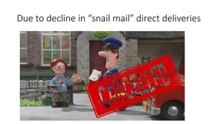 Due to decline in “snail mail” direct deliveries
 