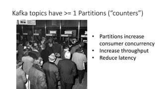 Kafka topics have >= 1 Partitions (“counters”)
• Partitions increase
consumer concurrency
• Increase throughput
• Reduce latency
 