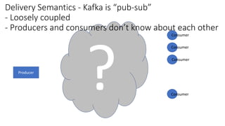 Producer
Consumer
Consumer
Consumer
Consumer
Delivery Semantics - Kafka is “pub-sub”
- Loosely coupled
- Producers and consumers don’t know about each other
 