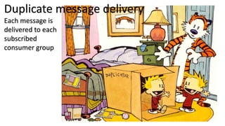 Duplicate message delivery
Each message is
delivered to each
subscribed
consumer group
 