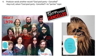 4. Producer sends another record “Cool pool party – Cancelled”
<key=null, value=“Cool pool party - Cancelled”> to “parties” topic
 