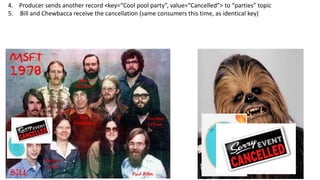 4. Producer sends another record <key=“Cool pool party”, value=“Cancelled”> to “parties” topic
5. Bill and Chewbacca receive the cancellation (same consumers this time, as identical key)
 
