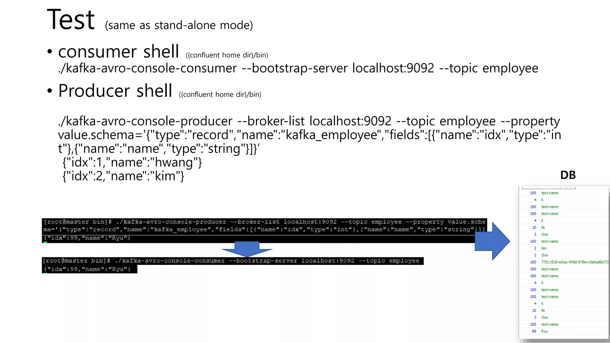 Test (same as stand-alone mode)
• consumer shell ({confluent home dir}/bin)
./kafka-avro-console-consumer --bootstrap-server localhost:9092 --topic employee
• Producer shell ({confluent home dir}/bin)
./kafka-avro-console-producer --broker-list localhost:9092 --topic employee --property
value.schema='{"type":"record","name":"kafka_employee","fields":[{"name":"idx","type":"in
t"},{"name":"name","type":"string"}]}’
{"idx":1,"name":"hwang"}
{"idx":2,"name":"kim"} DB
 