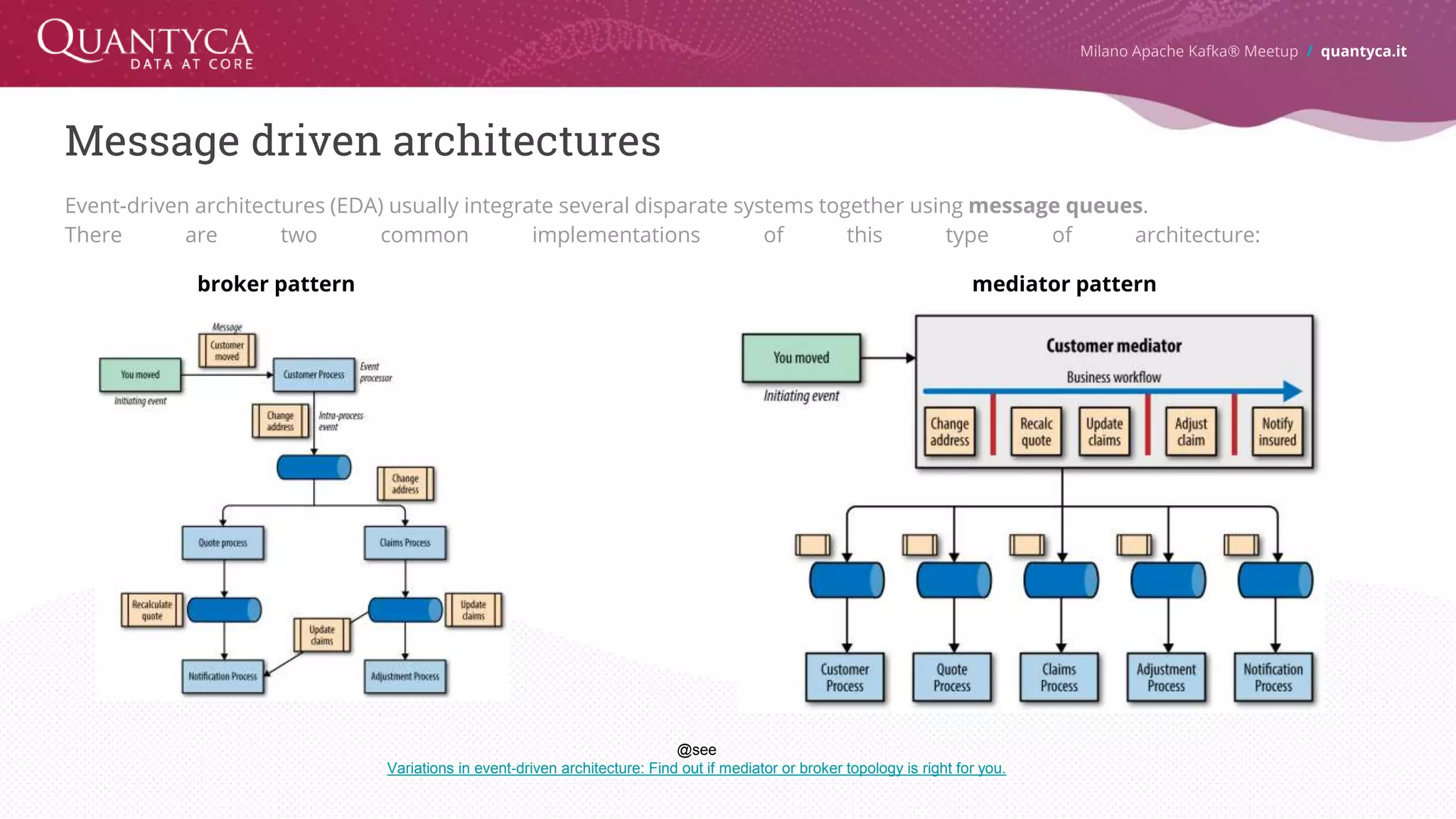 Message driven architectures Event-driven architectures (EDA) usually integrate several disparate systems together using message queues. There are two common implementations of this type of architecture: Milano Apache Kafka® Meetup / quantyca.it broker pattern mediator pattern @see Variations in event-driven architecture: Find out if mediator or broker topology is right for you. 