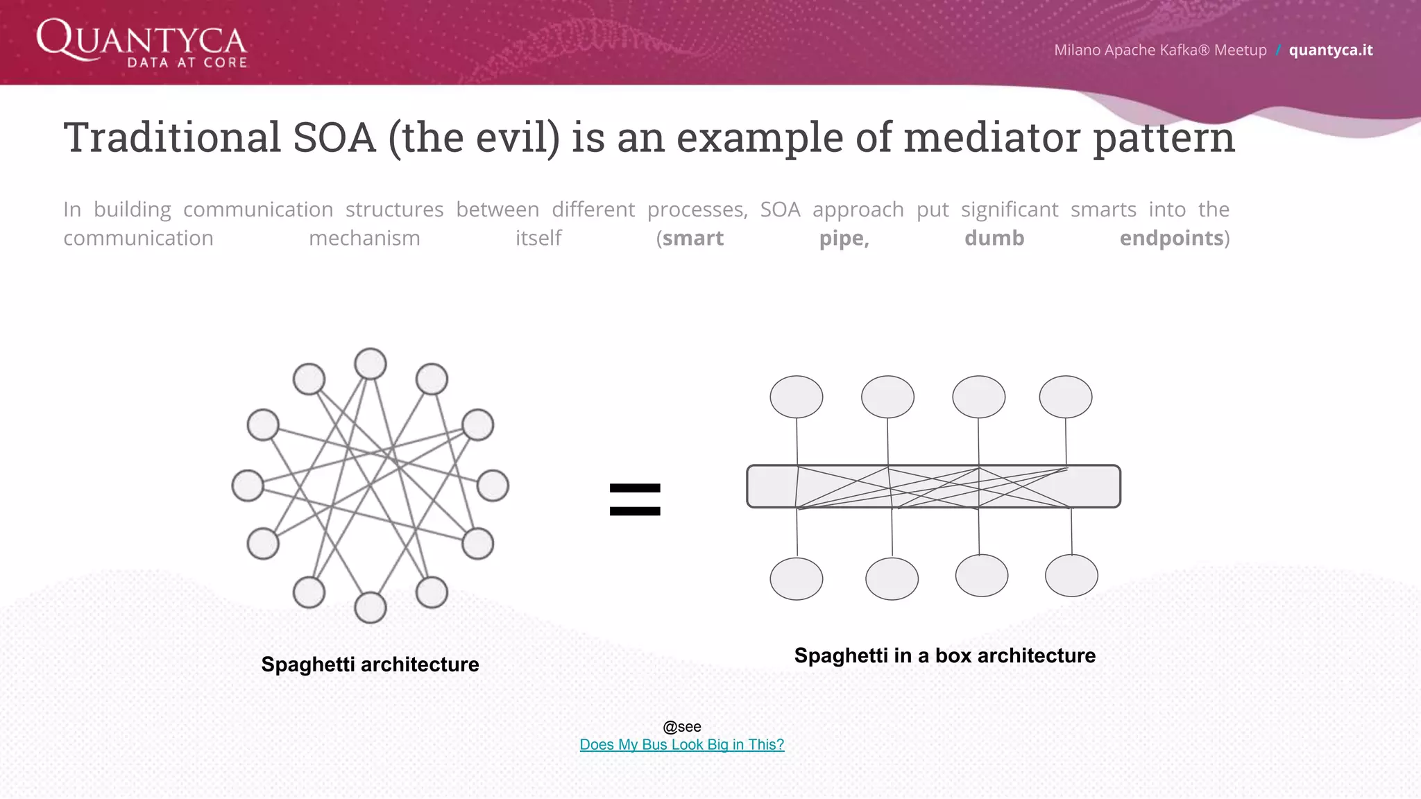 Traditional SOA (the evil) is an example of mediator pattern In building communication structures between different processes, SOA approach put significant smarts into the communication mechanism itself (smart pipe, dumb endpoints) Milano Apache Kafka® Meetup / quantyca.it = Spaghetti architecture Spaghetti in a box architecture @see Does My Bus Look Big in This? 