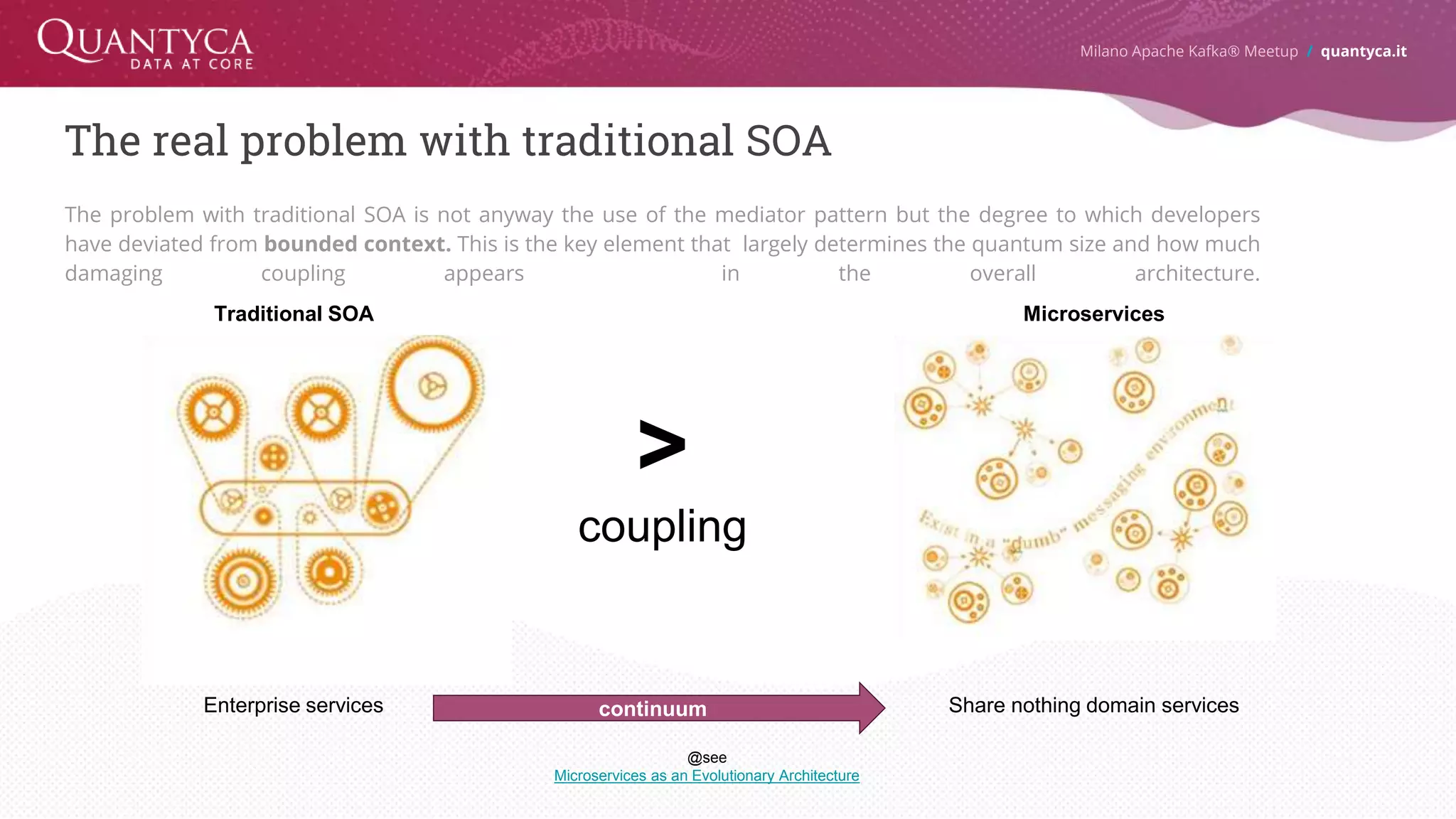 The real problem with traditional SOA The problem with traditional SOA is not anyway the use of the mediator pattern but the degree to which developers have deviated from bounded context. This is the key element that largely determines the quantum size and how much damaging coupling appears in the overall architecture. Enterprise services Share nothing domain services > coupling continuum Milano Apache Kafka® Meetup / quantyca.it Traditional SOA Microservices @see Microservices as an Evolutionary Architecture 