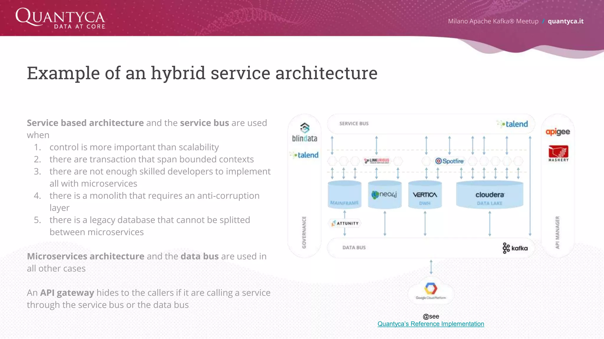 Example of an hybrid service architecture Milano Apache Kafka® Meetup / quantyca.it Service based architecture and the service bus are used when 1. control is more important than scalability 2. there are transaction that span bounded contexts 3. there are not enough skilled developers to implement all with microservices 4. there is a monolith that requires an anti-corruption layer 5. there is a legacy database that cannot be splitted between microservices Microservices architecture and the data bus are used in all other cases An API gateway hides to the callers if it are calling a service through the service bus or the data bus @see Quantyca’s Reference Implementation 