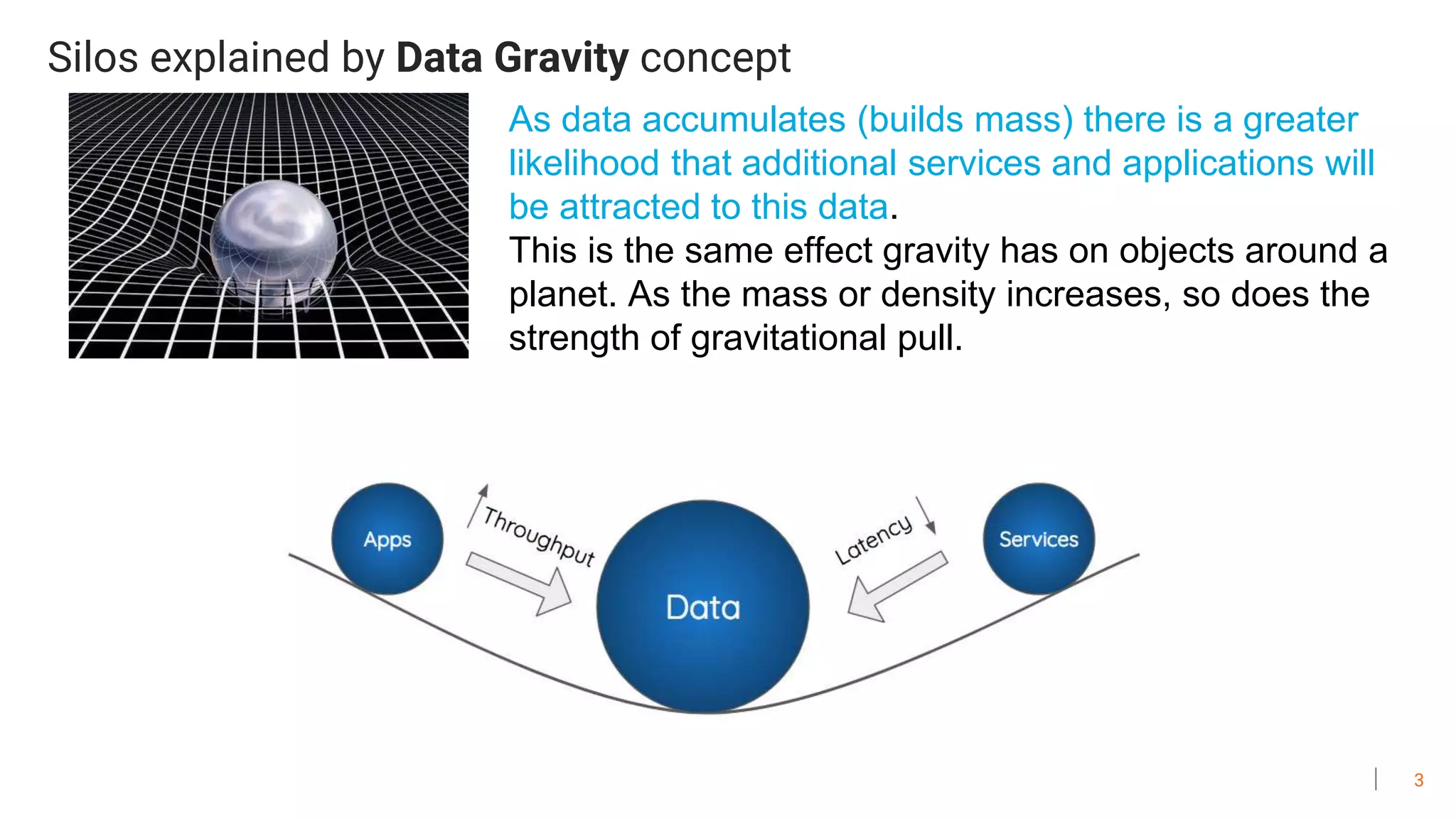 3
Silos explained by Data Gravity concept
As data accumulates (builds mass) there is a greater
likelihood that additional services and applications will
be attracted to this data.
This is the same effect gravity has on objects around a
planet. As the mass or density increases, so does the
strength of gravitational pull.
 