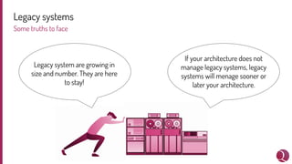 Legacy systems
Some truths to face
Legacy system are growing in
size and number. They are here
to stay!
If your architecture does not
manage legacy systems, legacy
systems will menage sooner or
later your architecture.
 