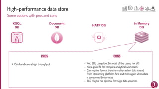 High-performance data store
Some options with pros and cons
KSQL
DB
Document
DB
In Memory
DB
HATP DB
PROS
+ Can handle very high throughput
CONS
- Not SQL compliant (in most of the cases, not all)
- Not a good ﬁt for complex analytical workloads
- Can require format transformation when data is read
from streaming platform ﬁrst and then again when data
is consumed by services
- TCO maybe not optimal for huge data volumes
 