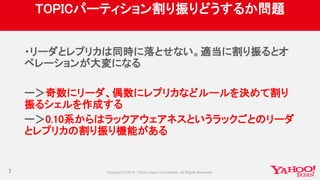 TOPICパーティション割り振りどうするか問題
・リーダとレプリカは同時に落とせない。適当に割り振るとオ
ペレーションが大変になる
ー＞奇数にリーダ、偶数にレプリカなどルールを決めて割り
振るシェルを作成する
ー＞0.10系からはラックアウェアネスというラックごとのリーダ
とレプリカの割り振り機能がある
7
 