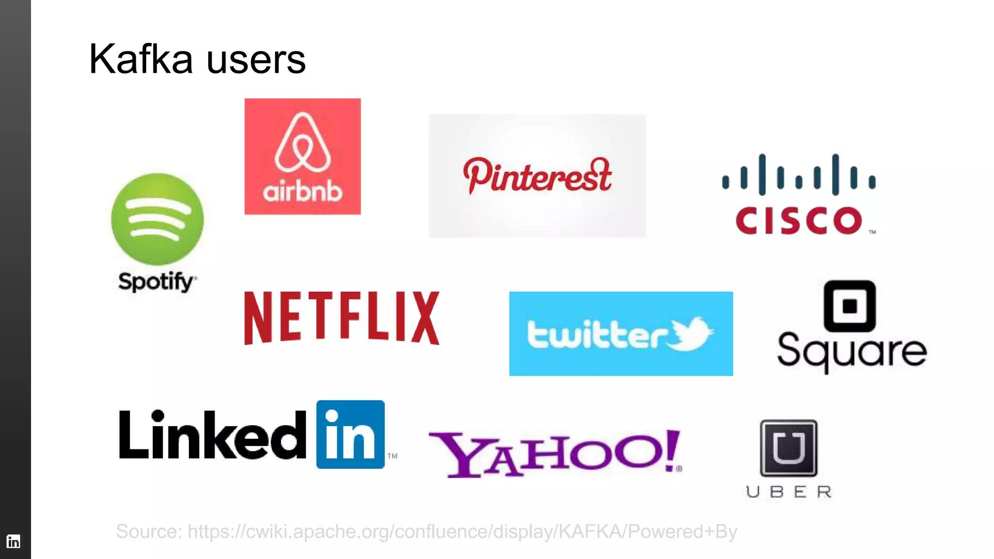 Kafka users
Source: https://cwiki.apache.org/confluence/display/KAFKA/Powered+By
 