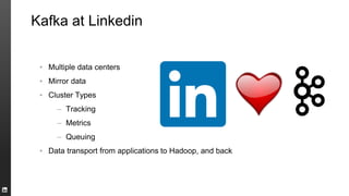 Kafka at Linkedin
▪ Multiple data centers
▪ Mirror data
▪ Cluster Types
– Tracking
– Metrics
– Queuing
▪ Data transport from applications to Hadoop, and back
 
