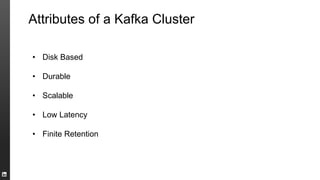Attributes of a Kafka Cluster
• Disk Based
• Durable
• Scalable
• Low Latency
• Finite Retention
 