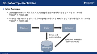 Internal Use Only
Kafka Zookeeper
 Zookeeper: Hadoop의 서브 프로젝트, Hadoop의 분산 어플리케이션을 관리 하는 코디네이션
어플리케이션으로 사용
 추가적인 개발 리소스를 줄이고자 Zookeeper를 코디네이션 Kafka의 분산 어플리케이션의 코디네이션
어플리케이션으로 사용
03. Kafka Topic Replication
Producer broker consumer
zookeeper
Broker and
topic metadata
consumer metadata
partition offsets
 