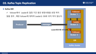 Internal Use Only
Kafka ISR
 follower에서 Leader로 일정 기간 동안 변경사항을 요청 하지
않을 경우 , 해당 follower에 대하여 Leader는 ISR로 유지 하지 않는다.
03. Kafka Topic Replication
Kafka cluster
ISR
Producer
Broker 1
Broker 2
Broker 3
message
Leader
Follower
Follower
Leader변경사항 요청 실패
 