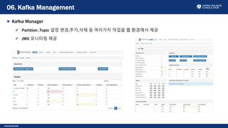 Internal Use Only
Kafka Manager
 Partition ,Topic 설정 변경,추가,삭제 등 여러가지 작업을 웹 환경에서 제공
 JMX 모니터링 제공
06. Kafka Management
 