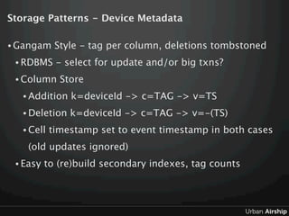 Storage Patterns - Device Metadata

• Gangam    Style - tag per column, deletions tombstoned
 • RDBMS    - select for upda...