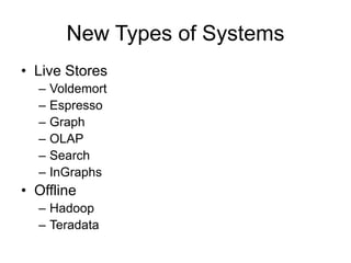 New Types of Systems
• Live Stores
– Voldemort
– Espresso
– Graph
– OLAP
– Search
– InGraphs
• Offline
– Hadoop
– Teradata
 