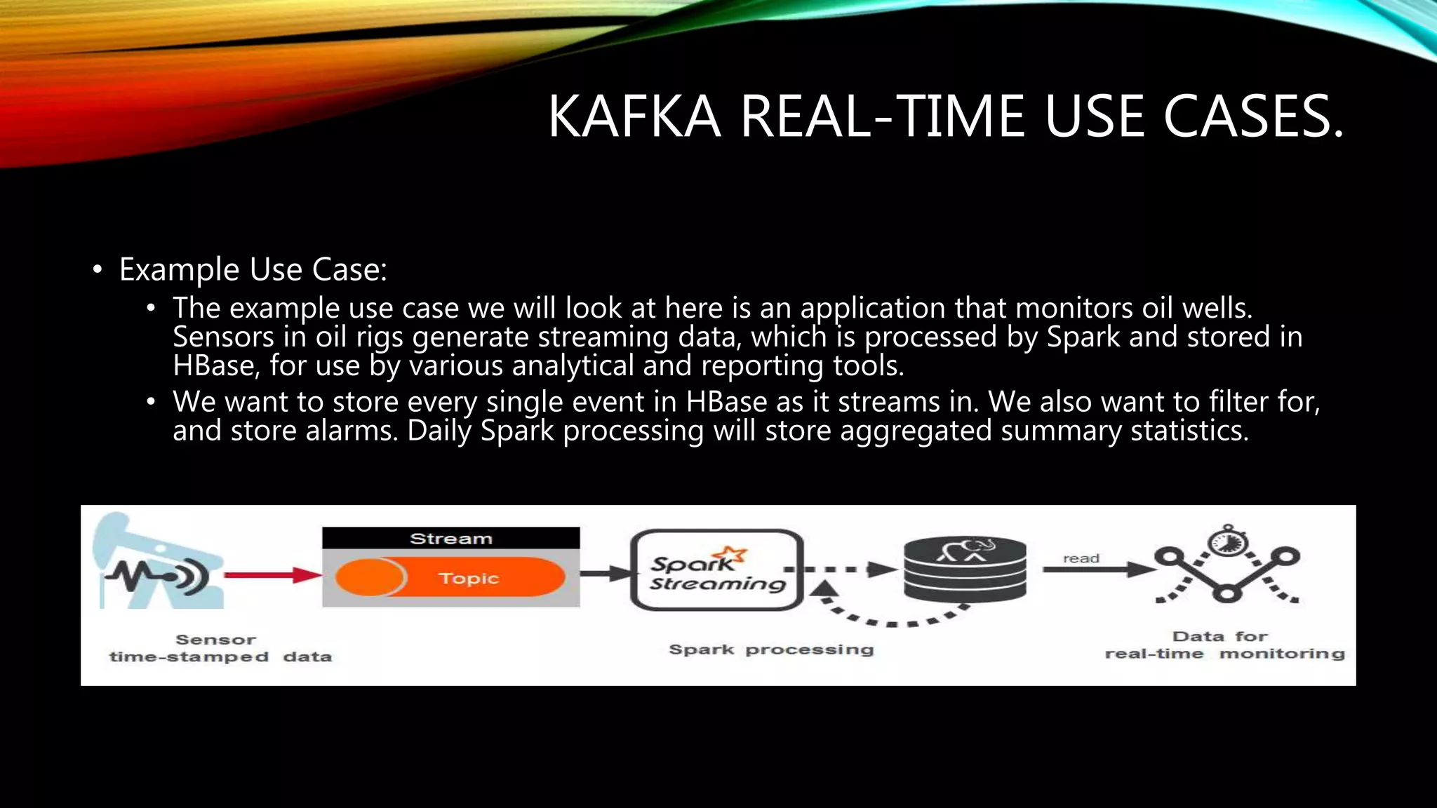 KAFKA REAL-TIME USE CASES.
• Example Use Case:
• The example use case we will look at here is an application that monitors oil wells.
Sensors in oil rigs generate streaming data, which is processed by Spark and stored in
HBase, for use by various analytical and reporting tools.
• We want to store every single event in HBase as it streams in. We also want to filter for,
and store alarms. Daily Spark processing will store aggregated summary statistics.
 