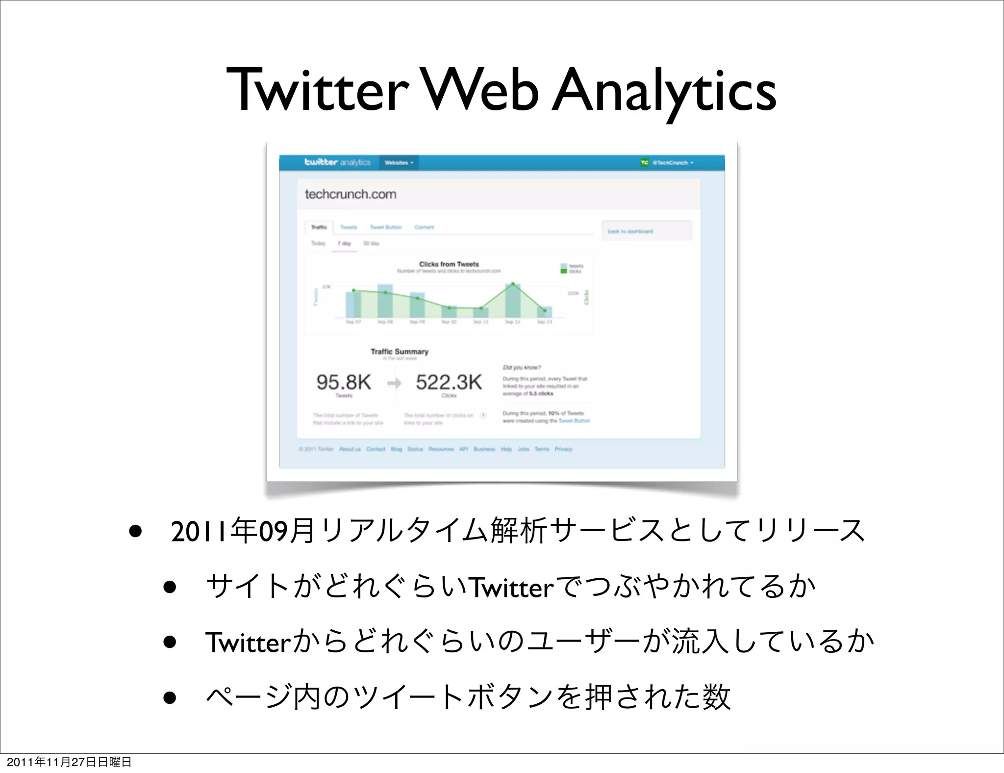 Twitter Web Analytics




                 •   2011    09

                     •             Twitter

                     •   Twitter

                     •
2011   11   27
 