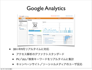 Google Analytics




                 •   2011   9

                     •
                     •   PV UU

                     •
2011   11   27
 