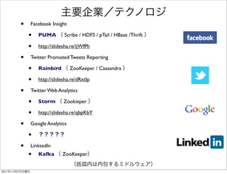 •   Facebook Insight

                     •   PUMA        Scribe / HDFS / pTail / HBase /Thrift

                     •   http://slidesha.re/ijWfPh

                 •   Twitter Promoted Tweets Reporting

                     •   Rainbird       ZooKeeper / Cassandra

                     •   http://slidesha.re/dRxtIp

                 •   Twitter Web Analytics

                     •   Storm       Zookieper

                     •   http://slidesha.re/qbpKbY

                 •   Google Analytics

                     •
                 •   LinktedIn
                     •   Kafka      ZooKeeper


2011   11   27
 