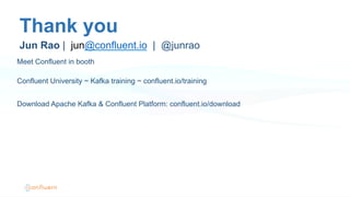 Thank you
Jun Rao | jun@confluent.io | @junrao
Meet Confluent in booth
Confluent University ~ Kafka training ~ confluent.io/training
Download Apache Kafka & Confluent Platform: confluent.io/download
 