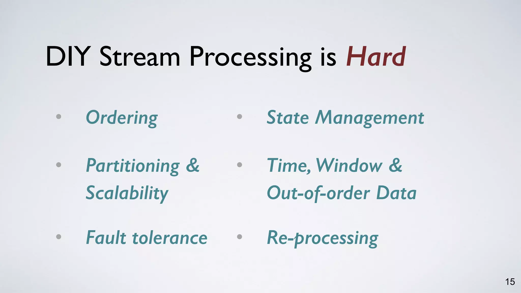 15
• Ordering
• Partitioning &  
Scalability 
• Fault tolerance
DIY Stream Processing is Hard
• State Management
• Time, Window &  
Out-of-order Data 
• Re-processing
 