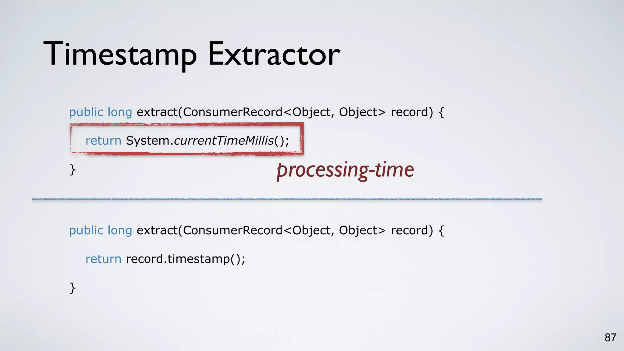 Timestamp Extractor
87
public long extract(ConsumerRecord<Object, Object> record) {
return System.currentTimeMillis();
}
public long extract(ConsumerRecord<Object, Object> record) {
return record.timestamp();
}
processing-time
 
