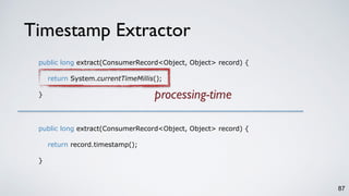 Timestamp Extractor
87
public long extract(ConsumerRecord<Object, Object> record) {
return System.currentTimeMillis();
}
public long extract(ConsumerRecord<Object, Object> record) {
return record.timestamp();
}
processing-time
 