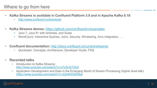 56Confidential
Where to go from here
• Kafka Streams is available in Confluent Platform 3.0 and in Apache Kafka 0.10
• htt...
