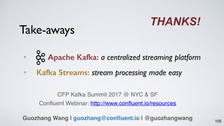 Take-aways
105
THANKS!
Guozhang Wang | guozhang@confluent.io | @guozhangwang
CFP Kafka Summit 2017 @ NYC & SF
Confluent Webinar: http://www.confluent.io/resources
• Apache Kafka: a centralized streaming platform
• Kafka Streams: stream processing made easy
 