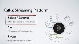 13
Kafka: Streaming Platform
• Publish / Subscribe
• Move data around as online streams
• Store
• “Source-of-truth” continuous data
• Process
• React / process data in real-time
Producer
Producer
Consumer
Consumer
 