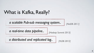 6
What is Kafka, Really?
[NetDB 2011]
[Hadoop Summit 2013]
[VLDB 2015]
a scalable Pub-sub messaging system..
a real-time data pipeline..
a distributed and replicated log..
 