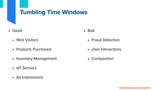 • Good
• Web Visitors
• Products Purchased
• Inventory Management
• IoT Sensors
• Ad Impressions*
• Bad
• Fraud Detection
• User Interactions
• Composition*
Tumbling Time Windows
* event timestamp & grace period
 