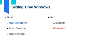 • Good
• User Interactions
• Fraud Detection
• Usage Changes
• Bad
• Composition
• IoT Sensors
Sliding Time Windows
 