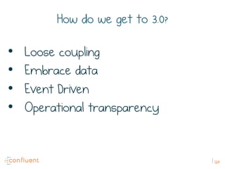 124
How do we get to 3.0?
•  Loose coupling
•  Embrace data
•  Event Driven
•  Operational transparency
 